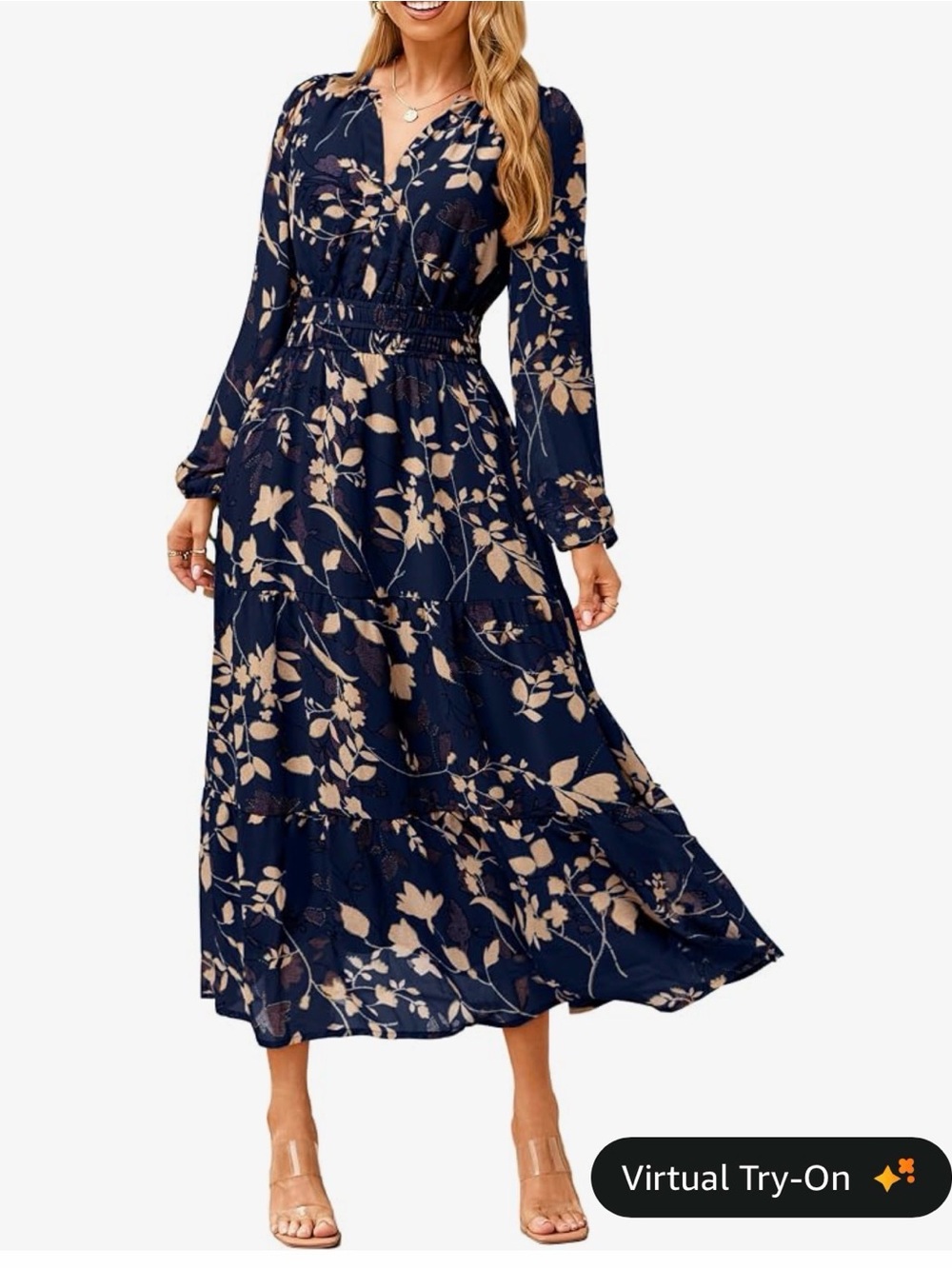 Brand New -Simple Navy Midi Skirt with Peach Botanical Print